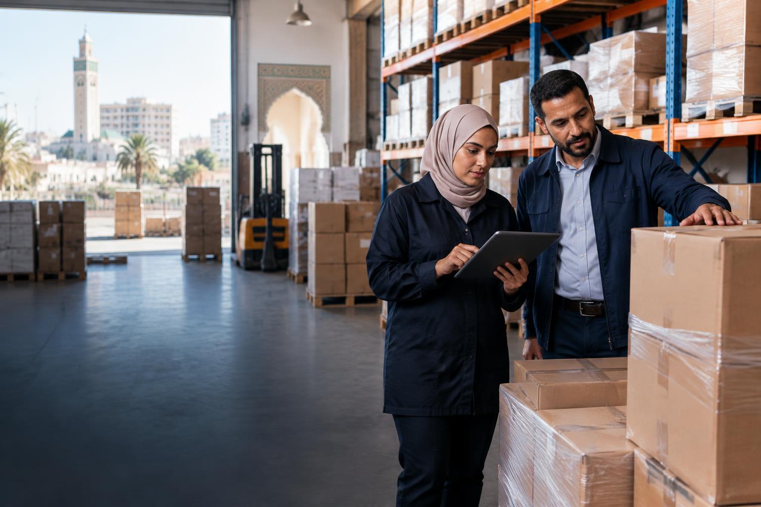 Équipe marocaine gérant le stock d'un entrepôt